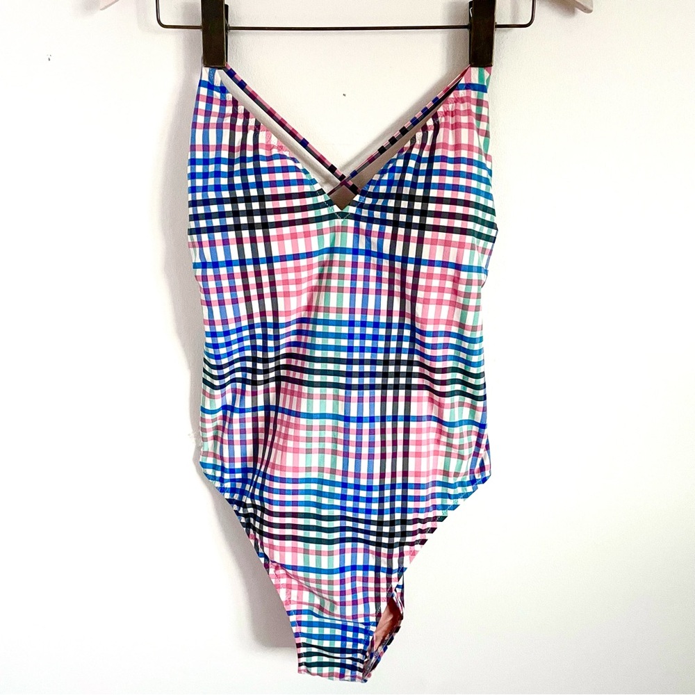 J. Crew Pink Blue Green Plaid One-Piece Swimsuit
